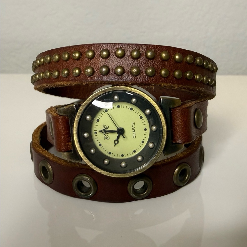 Brown Studded Wrap Leather Watch Bracelet